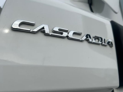 Rear view of a Freightliner Cascadia badge on a light-colored truck tailgate.