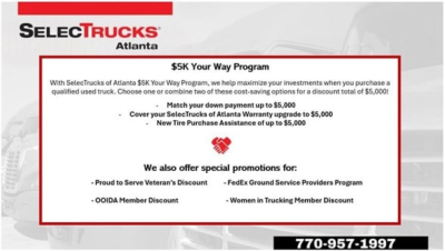 Truck showroom listing panel shows SelectTrucks Atlanta with a $5K Way Program details; includes promotions like warranty upgrade up to $5,000, new tire purchase assistance up to $5,000, veteran and member discounts. Phone 770-957-1997.