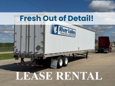Trailer showing River Valley Trailer Leasing logo and white cargo box with dual rear wheels; text visible includes Fresh Out of Detail banner across top and LEASE RENTAL at bottom.