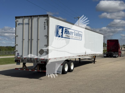 Utility trailer back and side view showing River Valley Trailer Leasing logo and rear doors; number 4043 on doors; dual rear tires.
