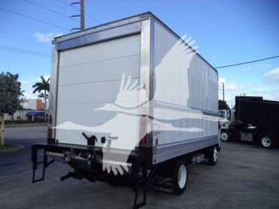 Rear view of a 2020 Hino 195 refrigerated box truck showing a plain white cargo area with black bumper and hitch.