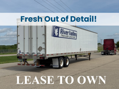 Trailer side with River Valley Trailer Leasing logo and LEASE TO OWN banner across top; fresh out of detail overlay.