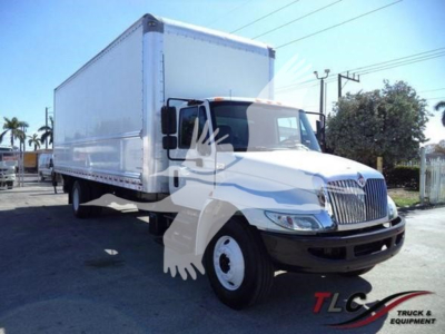 Box truck 2019 International Durastar 4300 side view showing 16 ft box and cab with International grille.