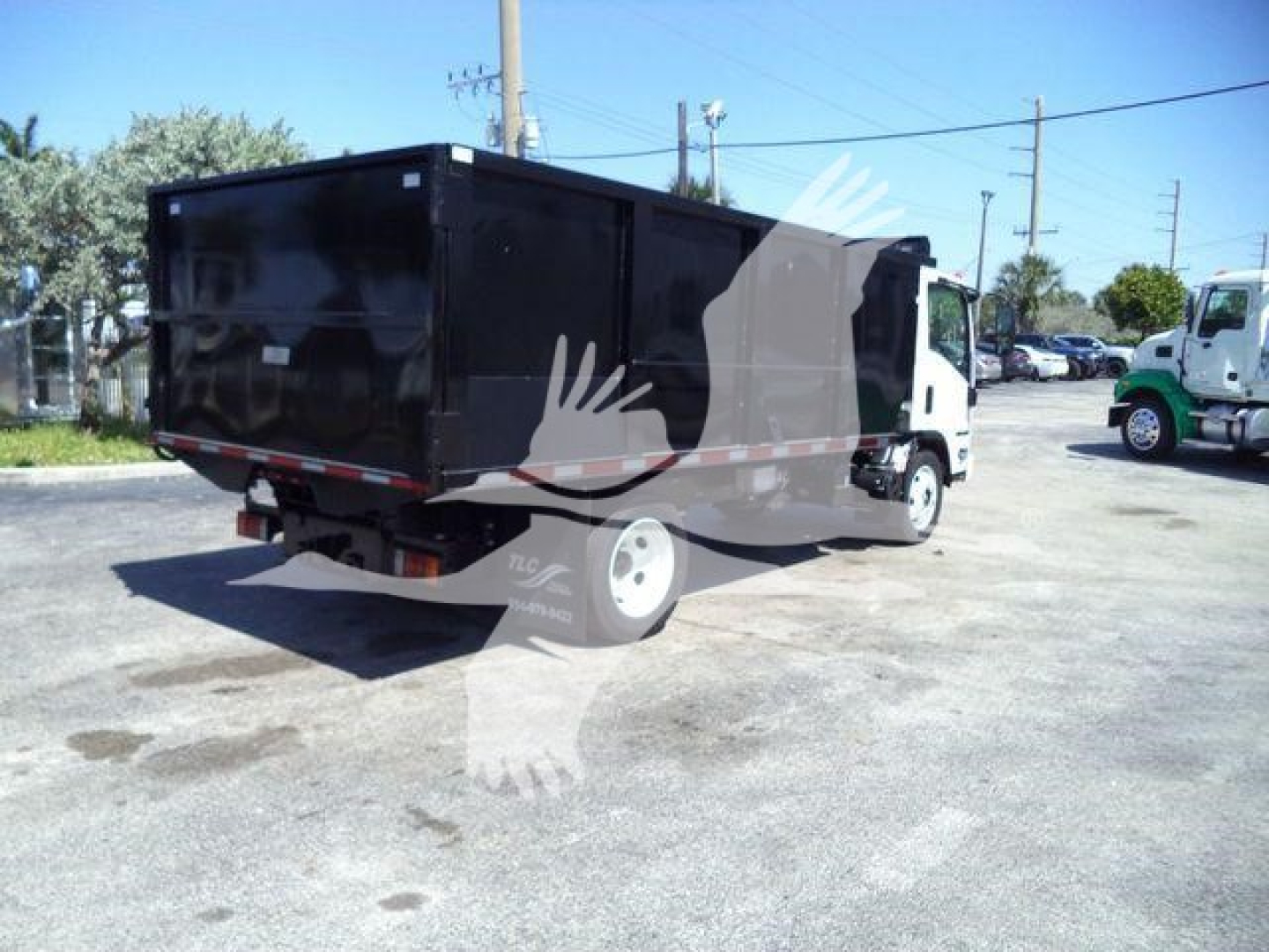 Isuzu NPR HD dumping truck, rear and side view, black dump box, white cab, on lot with other trucks
