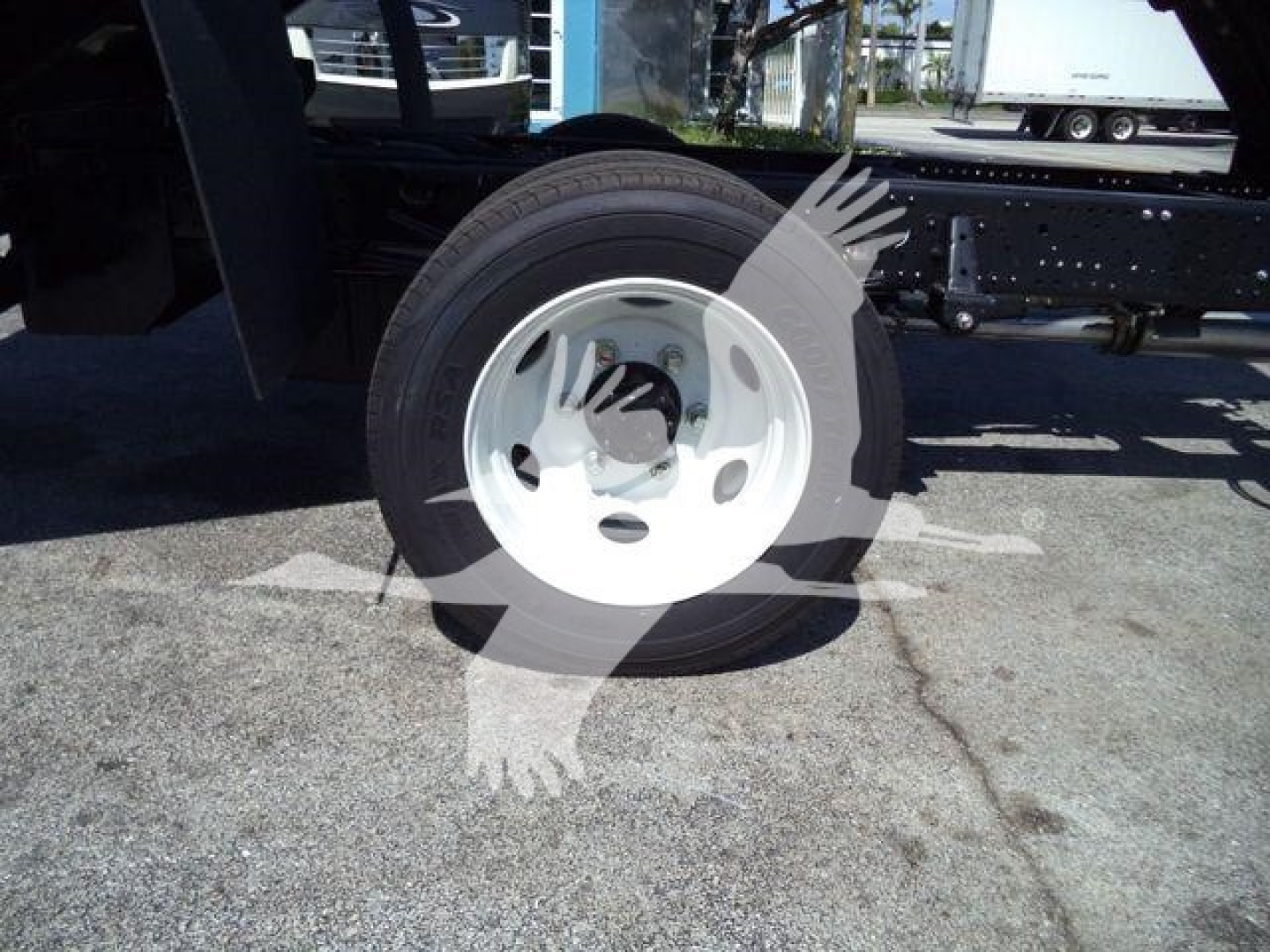 Isuzu NPR-HD truck wheel and tire assembly visible under chassis with white steel wheel and black tire.