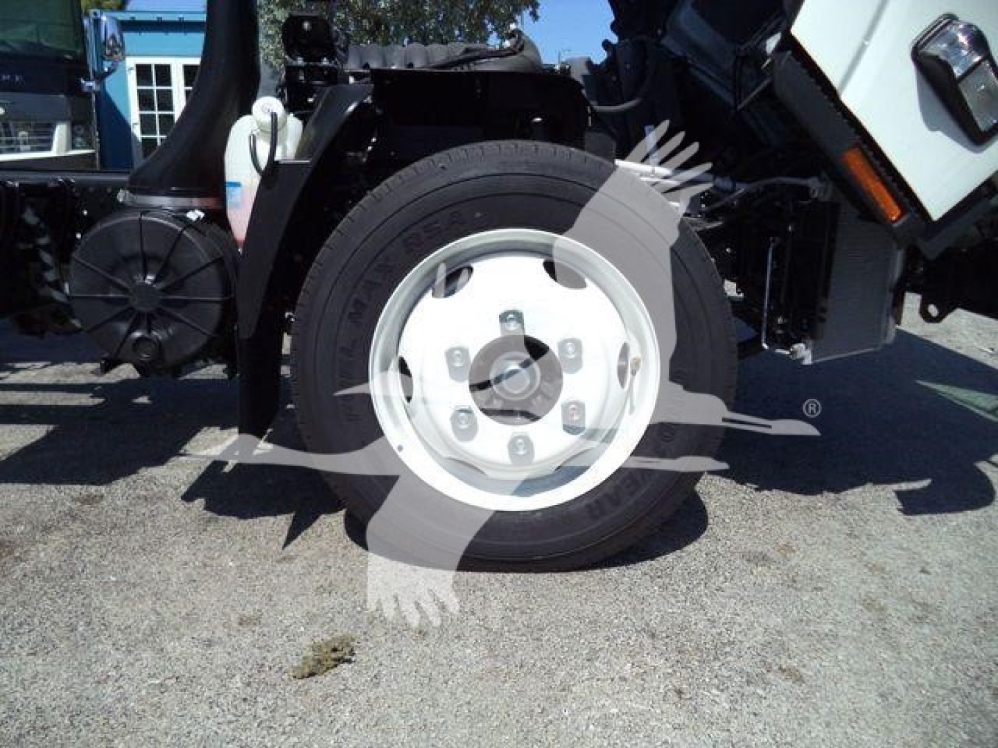 Isuzu NPR HD truck wheel and front suspension area showing wheel and tire with hub, part of chassis and bodywork.