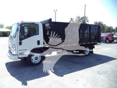 Isuzu NPR-HD truck in landscape view showing cargo dump body and cab side, stock number T15005FM.