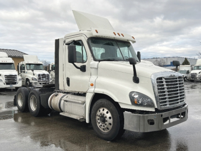 White Freightliner truck tractor with aerodynamic sleeper cab and raised hood, side view showing large chrome grille, bumper, fuel tanks, and dual rear axles.