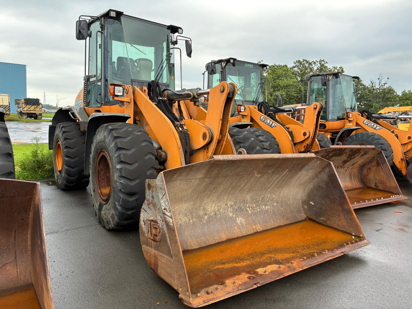 Wheel loaders in a row with large rusted front buckets, orange and black machinery, Case branding, outdoor lot.