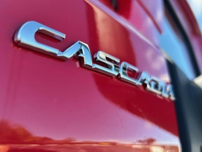Casdona? Actually image shows Freightliner Cascadia badge on red truck tailgate. Close-up of chrome 'CASCADIA' lettering on rear quarter with red paint.