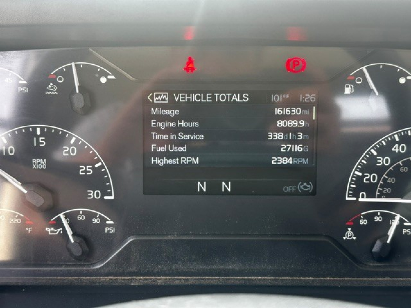 Volvo VHD instrument cluster showing vehicle totals screen with mileage 161630 miles, engine hours 8089.9, time in service 338d 1h 3m, fuel used 2716 gal, highest RPM 2384, and gear indicators N N.