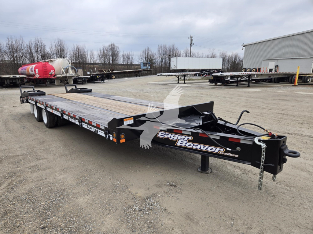 Eager Beaver XPT trailer flatbed with gooseneck hitch showing black frame and logo, new condition.