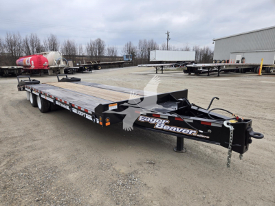 Eager Beaver XPT trailer flatbed with gooseneck hitch showing black frame and logo, new condition.