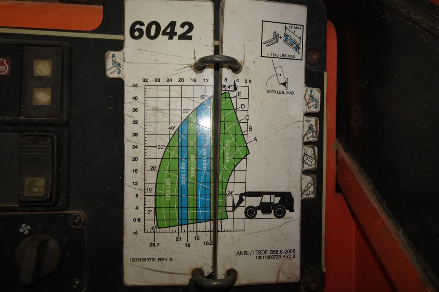 Equipment label on JLG 6042 telehandler showing model 6042 with load chart, hooks, and control panel; sticker area with numbers and vehicle icon.