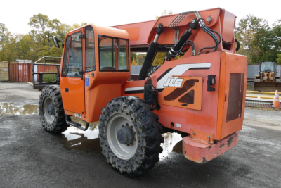 JLG telescopic boom lift rear and side view showing orange body and black hydraulic arm with JLG logo.