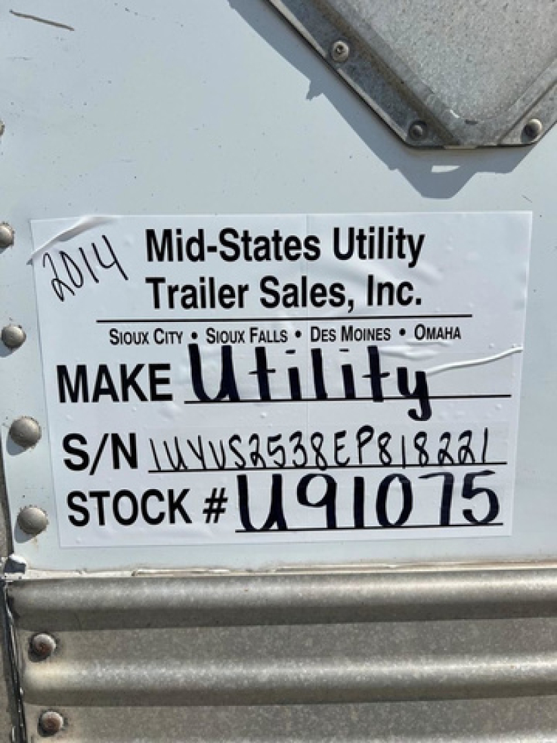 Trailer side badge with text: ‘Mid-States Utility Trailer Sales, Inc.’, MAKE Utility, S/N U91075 S/N UYVS2538EP818221, STOCK # U91075, 2014 handwritten year