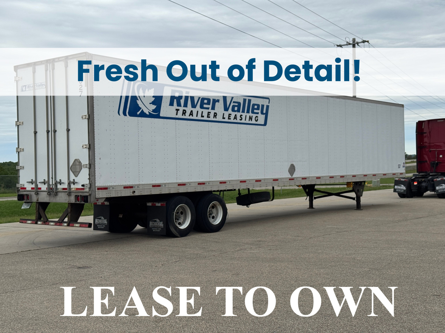 Utility trailer 2014 4000D-X with River Valley Trailer Leasing logo on side, tandem rear axles, stock visible, fresh detail banner across image.