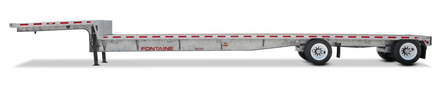 Fontaine 48' combo drop deck trailer showing galvanized wide spread air ride features and dual rear wheels.