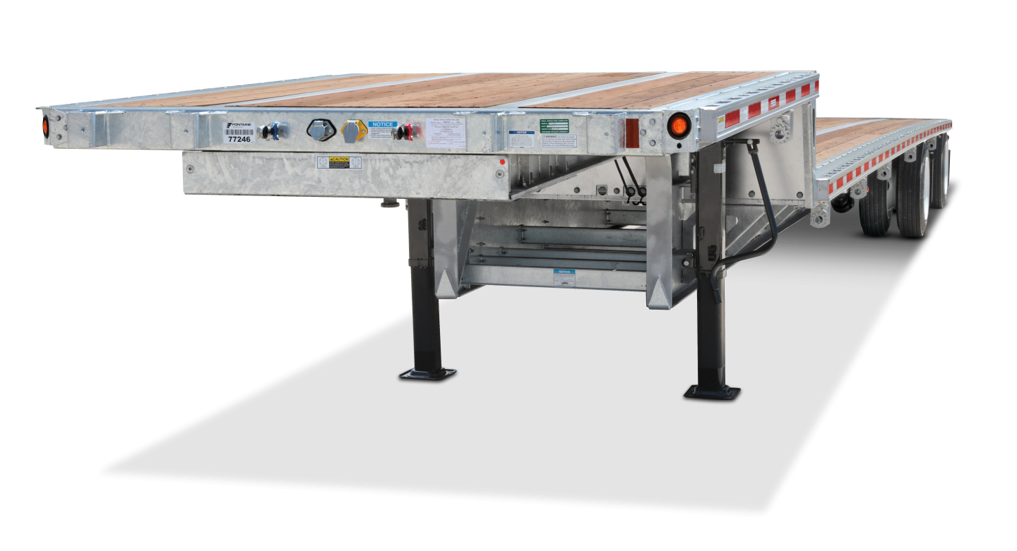 Trailer deck showing 48' combo drop deck with galvanized finish and wide spread air suspension, with front landing legs and dual rear axles.
