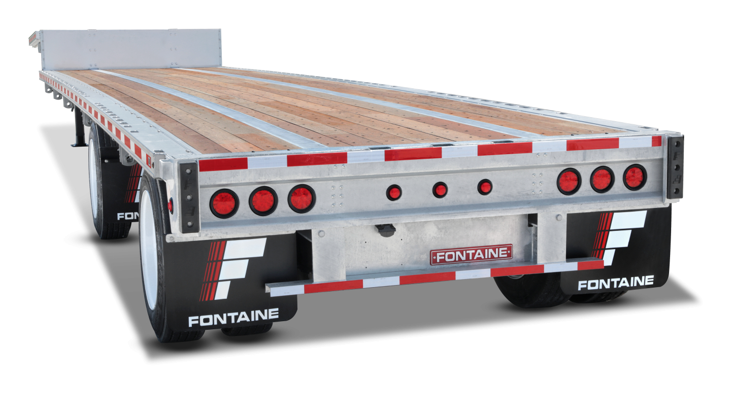 Trailer rear view showing a Fontaine 48' combo drop deck with galvanized frame and wide spread air suspension, reflective tape, and hydraulic ramps.