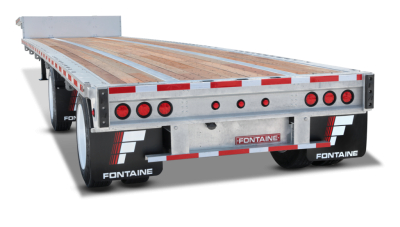 Trailer rear view showing a Fontaine 48' combo drop deck with galvanized frame and wide spread air suspension, reflective tape, and hydraulic ramps.