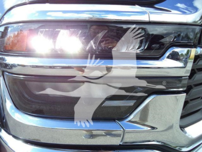 Ram 4500 front grille and headlight assembly showing chrome bumper and black grille; partial view of headlight with reflection.
