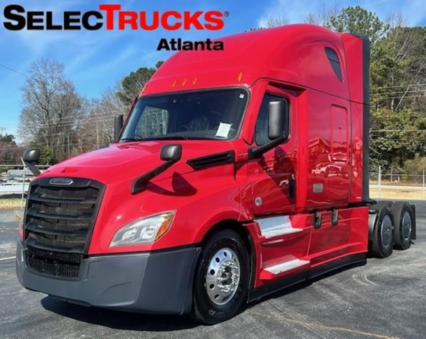 Red Freightliner Cascadia 126 tractor in sleeper configuration with SelectTrucks Atlanta watermark.