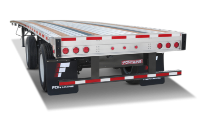 Truck trailer rear view showing Fontaine logo, red/white reflective markings, dual rear axles, and rear bumper with labels.