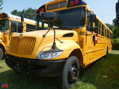 School bus 2019 International CE 3000 side view showing yellow body and 'SCHOOL BUS' sign on top front window.