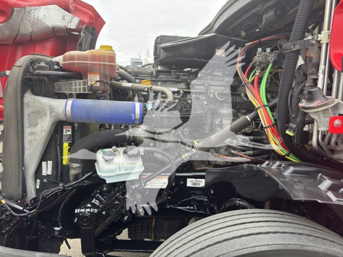 Freightliner Cascadia 126 engine bay showing coolant reservoir, blue hose, wiring harness, and components