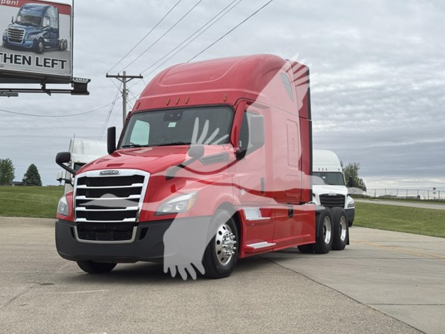 Truck front and side view: red 2022 Freightliner Cascadia 126 semi-truck with sleeper cab. Visible text includes no legible labels on truck, but a billboard in background shows 'THEN LEFT' and a truck image.