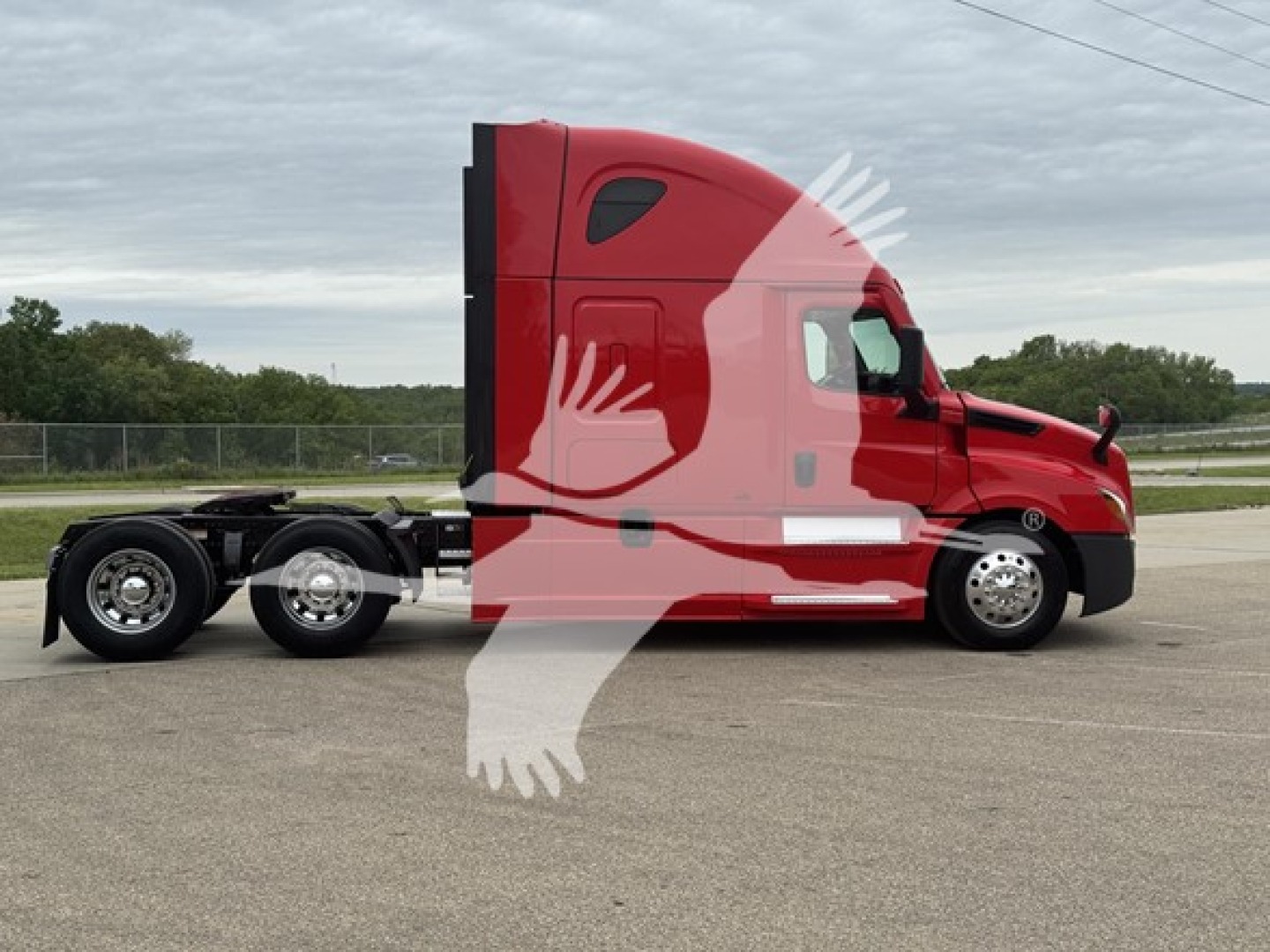 Truck side view of a red 2022 Freightliner Cascadia 126 conventional sleeper, showing cab and chassis with five wheels, no trailer attached.