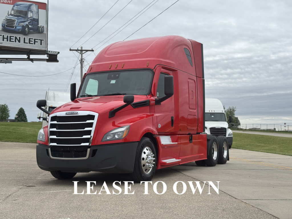 Freightliner Cascadia 126 sleeper cab tractor in red, front three-quarter view with LEASE TO OWN text overlay.