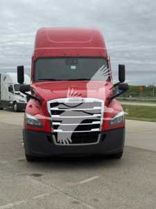 Truck front view showing red Freightliner Cascadia 126 with large grille and black bumper; clear windshield, side mirrors, and cab top fairing.
