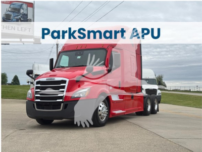 Truck front-left view of a red 2022 Freightliner Cascadia 126 sleeper tractor with ParkSmart APU watermark across the image.
