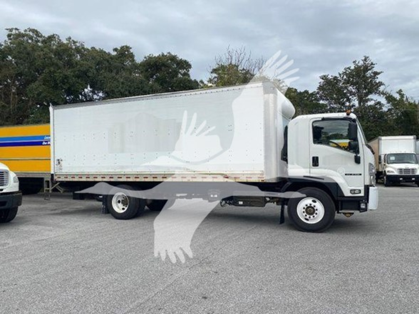 Isuzu FTR box truck side view showing cargo box and cab with VIN plate area and stock number label in lot