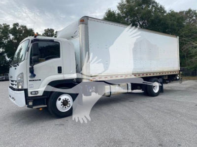 Isuzu box truck with cab and long box trailer. Side shows faint images of hands and birds watermark overlay. Visible text not legible on truck side.