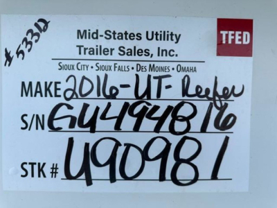 Refrigerated trailer side tag with handwritten stock, S/N, and VIN. Text shows 'Mid-States Utility Trailer Sales, Inc.' and TFED logo; handwritten 'MAKE 2016 UT Reefer' and 'S/N G44941816' with stock number 'U90981' and 'STK #'