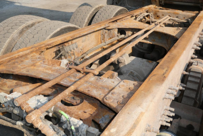 Chassis frame of a used 2008 Mack GU713 dump truck showing rusted metal rails, suspension links, and exposed drive components.