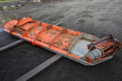 Dump truck attachment showing orange snow plow scoop with hydraulic cylinder and mounting arms.