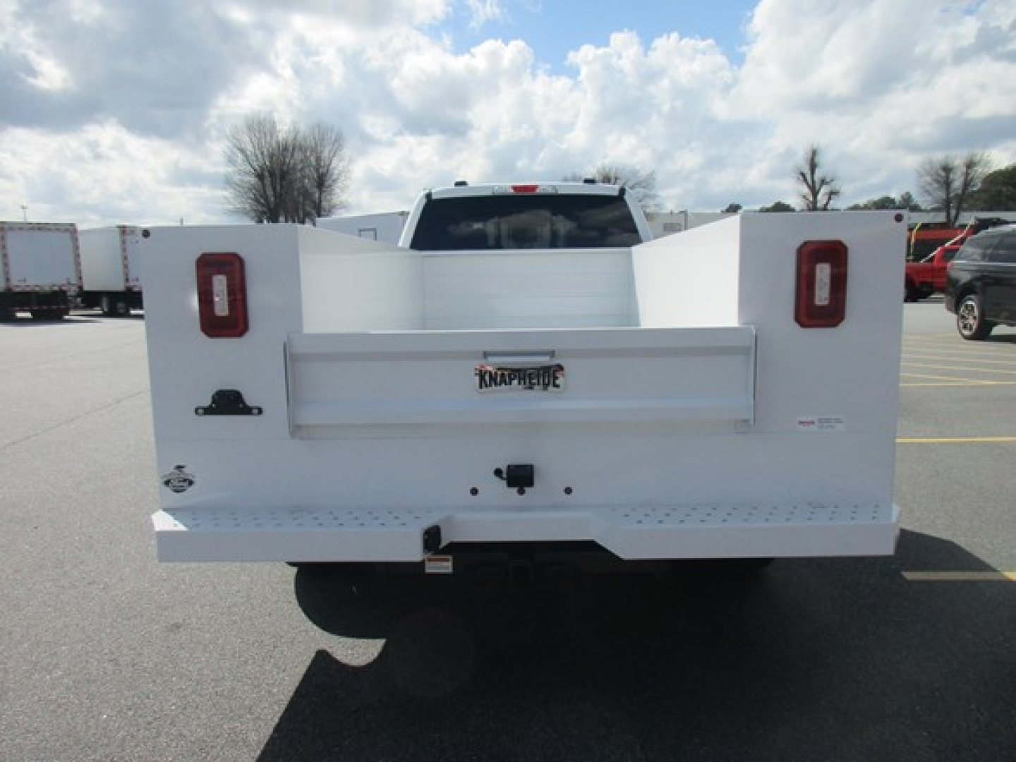 Ford F350 dump bed viewed from rear showing tailgate and bumper with license plate area and taillights.