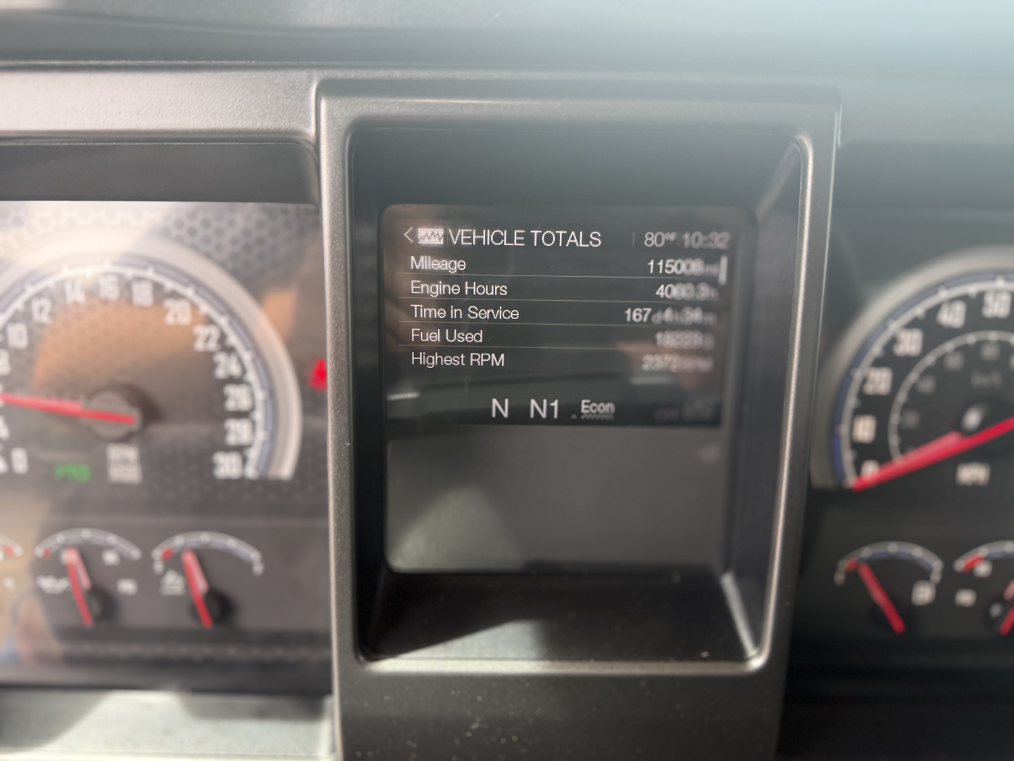 Truck dashboard center display showing vehicle totals and idle metrics, including mileage 11500h, engine hours 167, fuel used and RPM indicators visible.