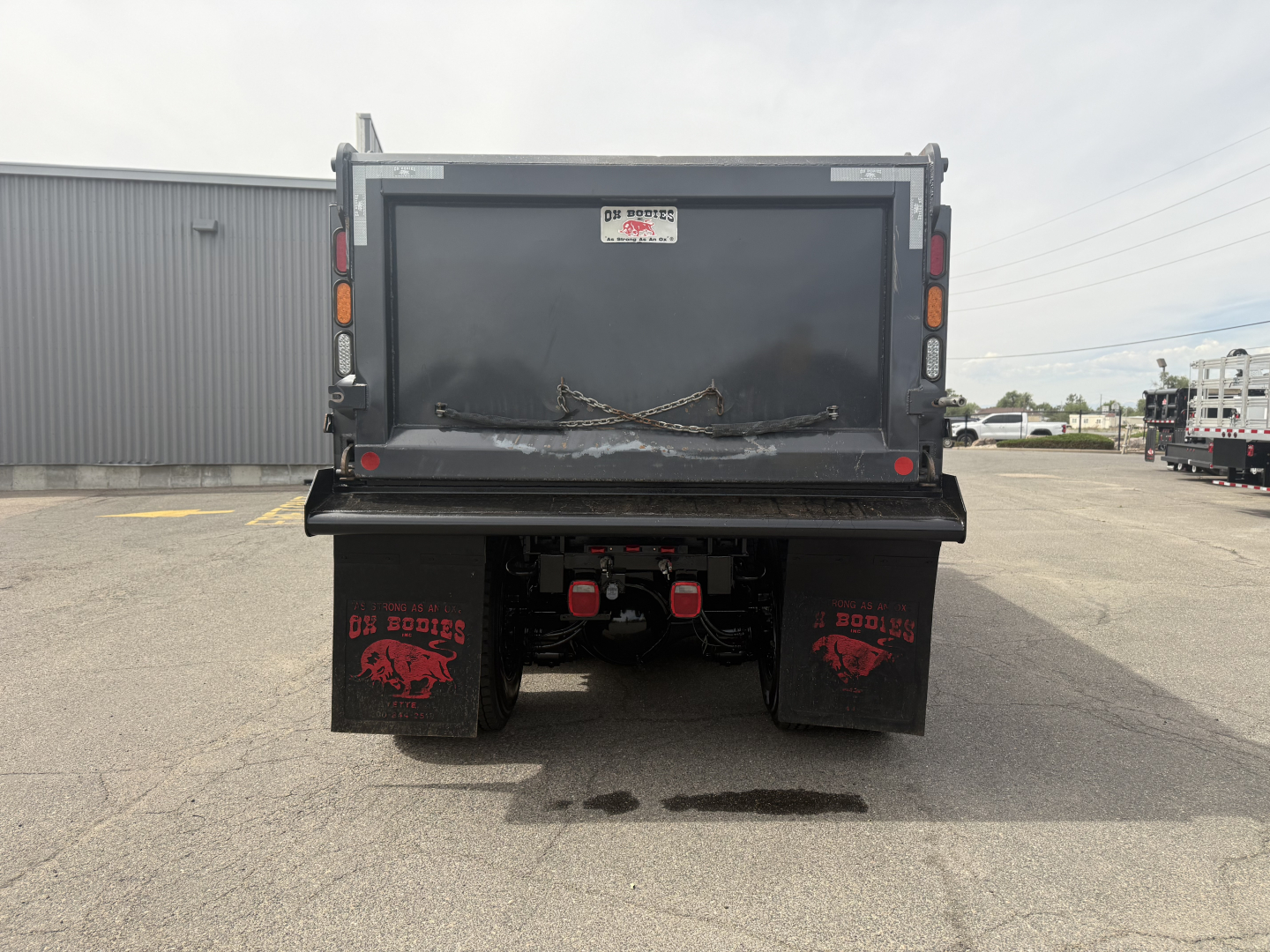 Mack GR64F dump truck rear showing dump bed and mudflaps with skull graphics.