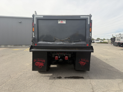 Mack GR64F dump truck rear showing dump bed and mudflaps with skull graphics.