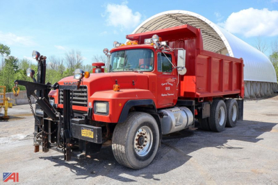 Dump truck showing RD690S Mack dump bed in red with front-mounted equipment and dual rear axles.