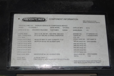 Freightliner component information plate showing model, engine, transmission, and paint codes for a 2017 Cascadia 125 daycab.