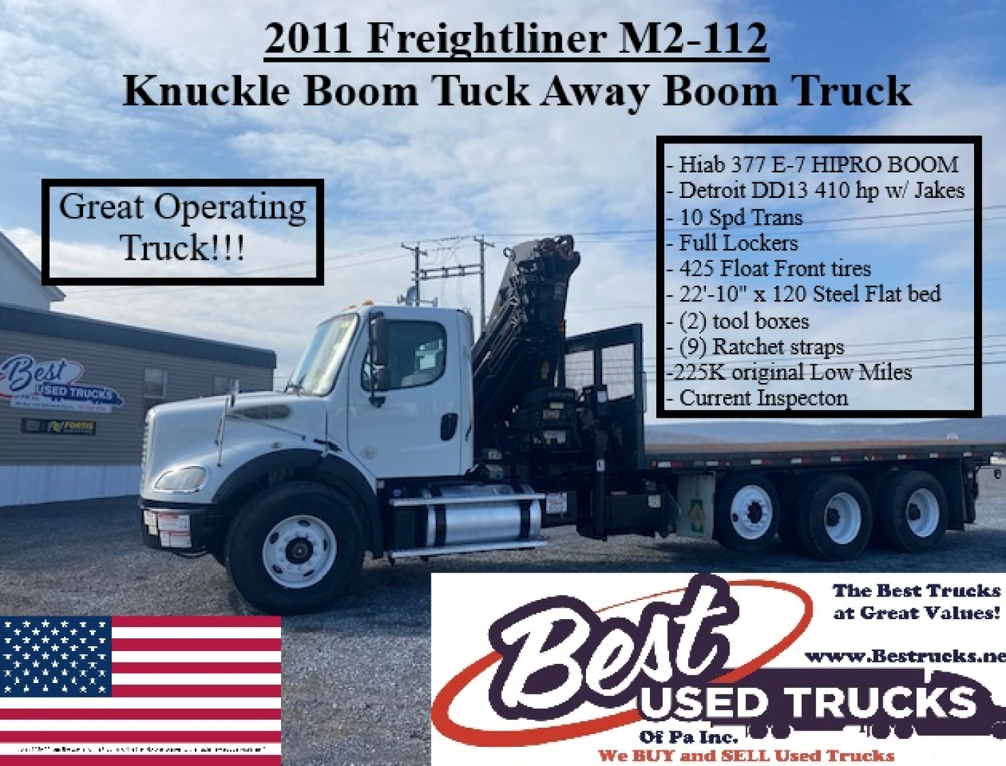 2011 Freightliner M2-112 knuckle boom truck side view showing crane and equipment list with specs on right, Best Used Trucks logo bottom right.