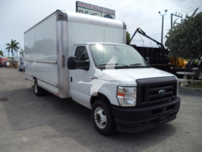 Ford E350 box truck side view showing cargo box and front grille area