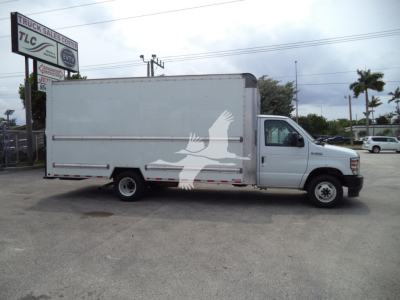 Ford E350 box truck side view with a white Freightliner-like cargo box featuring a large bird logo on the side.