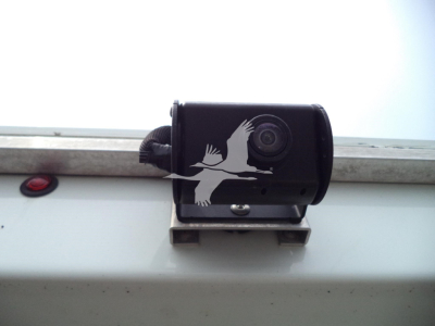 Rear camera mounted on Ford E350 service body showing small black camera with white bird graphic and wiring harness.